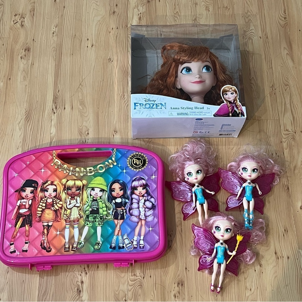 Disney Frozen Anna Styling Head & Rainbow High Carrying Case 3 Fairy Doll Lot